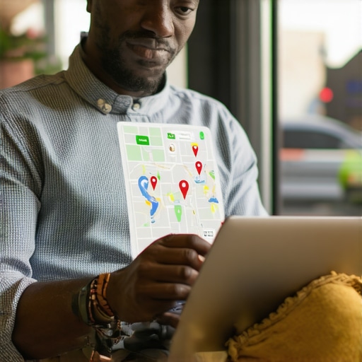 Business owner analyzing local SEO metrics on a laptop with maps and charts.