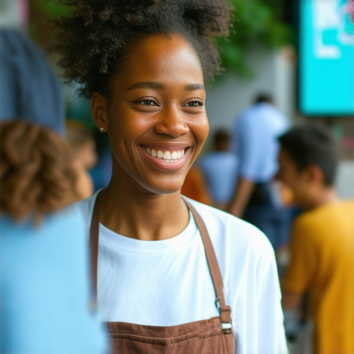 Community Engagement and Local SEO Strategies Business owner participating in community event with digital marketing elements.