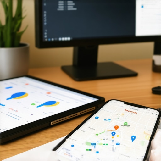 Cutting-Edge Maps SEO Tools in Action A modern workspace showing SEO analysis on a computer and Google Maps metrics on a smartphone