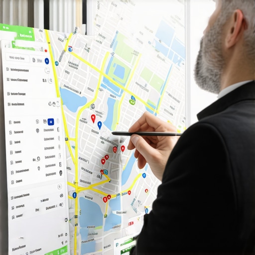 Business owner studying digital map overlays for local SEO optimization