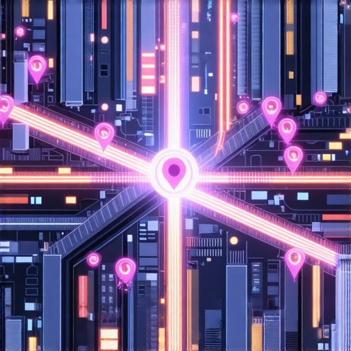 A high-tech city map with data points and analytics overlays demonstrating advanced geospatial SEO analysis.