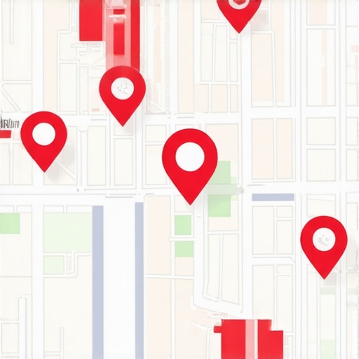 Illustration of a map with focused local search markers and schema markup symbols