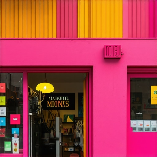 Colorful storefront of a busy local business with community signage during daytime