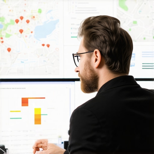 SEO specialist reviewing maps with data points and AI analytics for local SEO strategies.