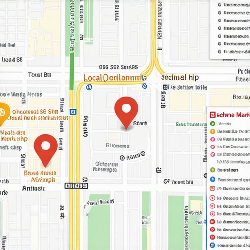 A schematic representation of local SEO signals illustrated on a map with digital overlays