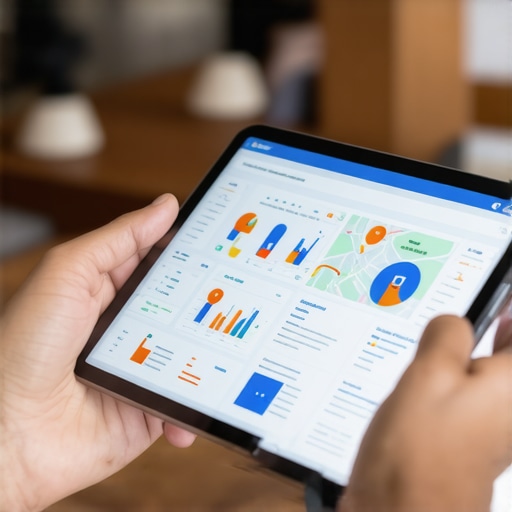 Business owner reviewing local SEO analytics on a tablet with maps and charts