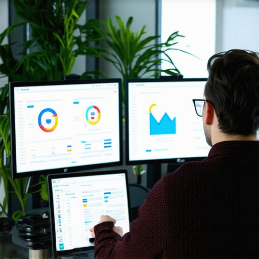 Digital marketer reviewing local SEO analytics on multiple screens for advanced strategy planning.