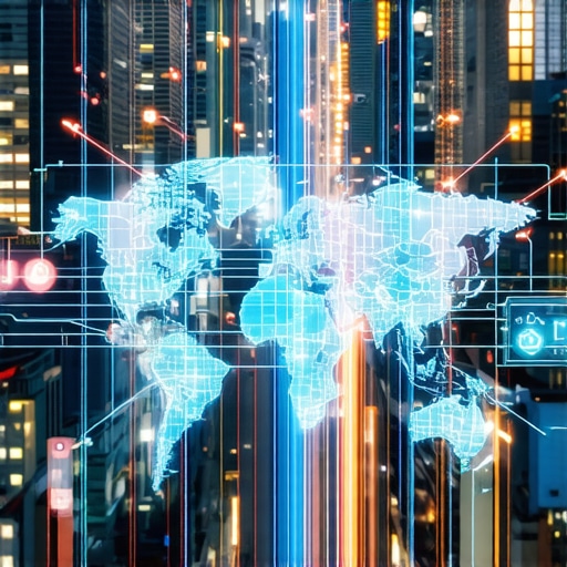 A high-tech city map with AI integration showcasing local search advancement