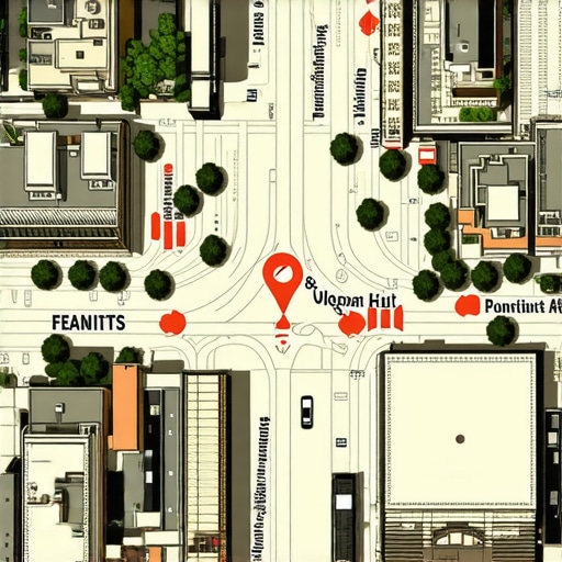 Vibrant city street with digital map graphics highlighting business locations and user interactions.