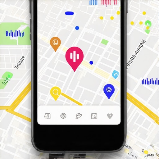 Smartphone with voice search on city map displaying local businesses.